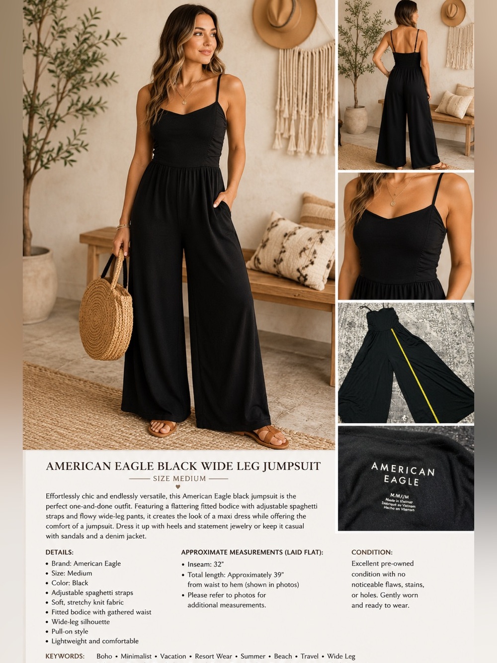 American Eagle Outfitters Black Wide-Leg Spaghetti Strap Jumpsuit